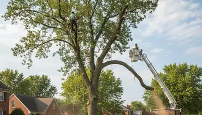 Professional arborists performing safe residential tree removal in Lancaster, PA using crane and chainsaws