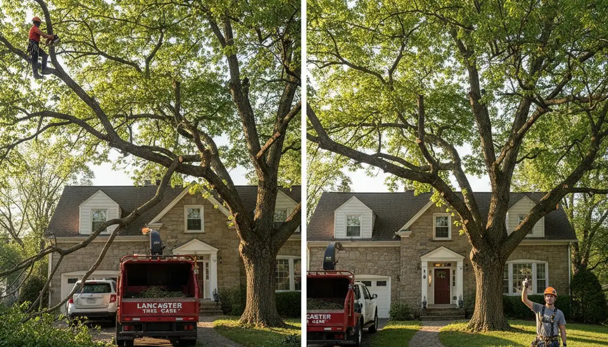 Arborist performing canopy lift tree trimming over residential driveway in Lancaster, PA