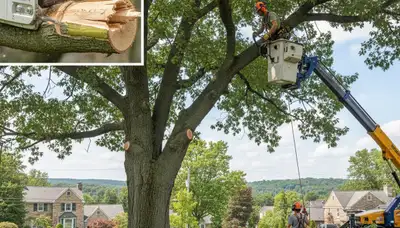 Arborist removing dead branches from mature tree using bucket truck in Lancaster, PA