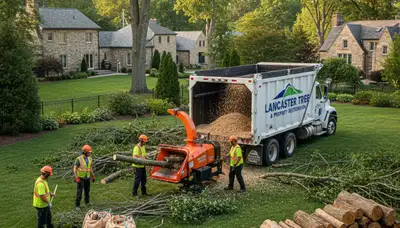 Crew performing debris cleanup and wood chipping after tree removal in Lancaster, PA