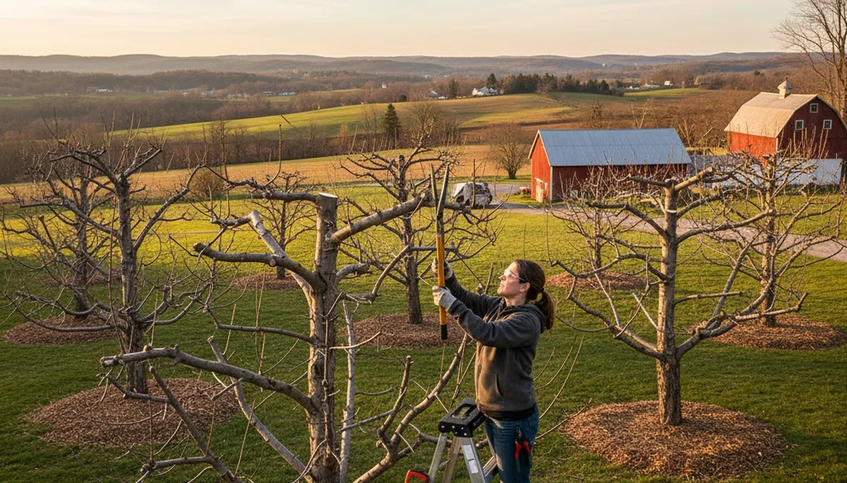 Arborist pruning fruit tree in Lancaster PA orchard with pro tools for healthy growth and better yield