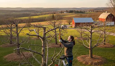 Arborist pruning fruit tree in Lancaster PA orchard with pro tools for healthy growth and better yield