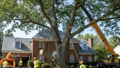 Arborists removing large tree with bucket truck at Mountville home near Lancaster, PA
