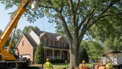 Professional large tree removal in Smoketown, Lancaster PA using bucket truck and safety rigging systems