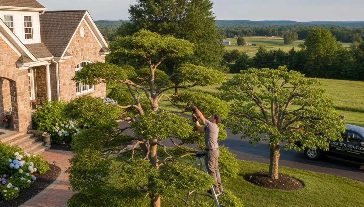 Arborist hand pruning ornamental tree in Lancaster PA residential yard for expert tree trimming service