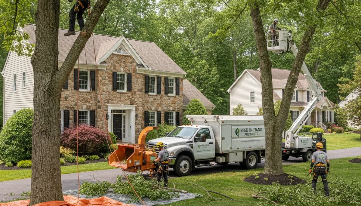 Residential tree removal crew trimming trees in Bird In Hand, Lancaster PA for safe, clean home landscaping