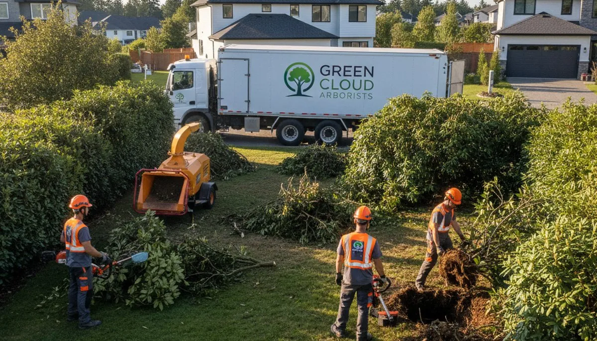 Crew performing professional shrub removal in Lancaster, PA yard