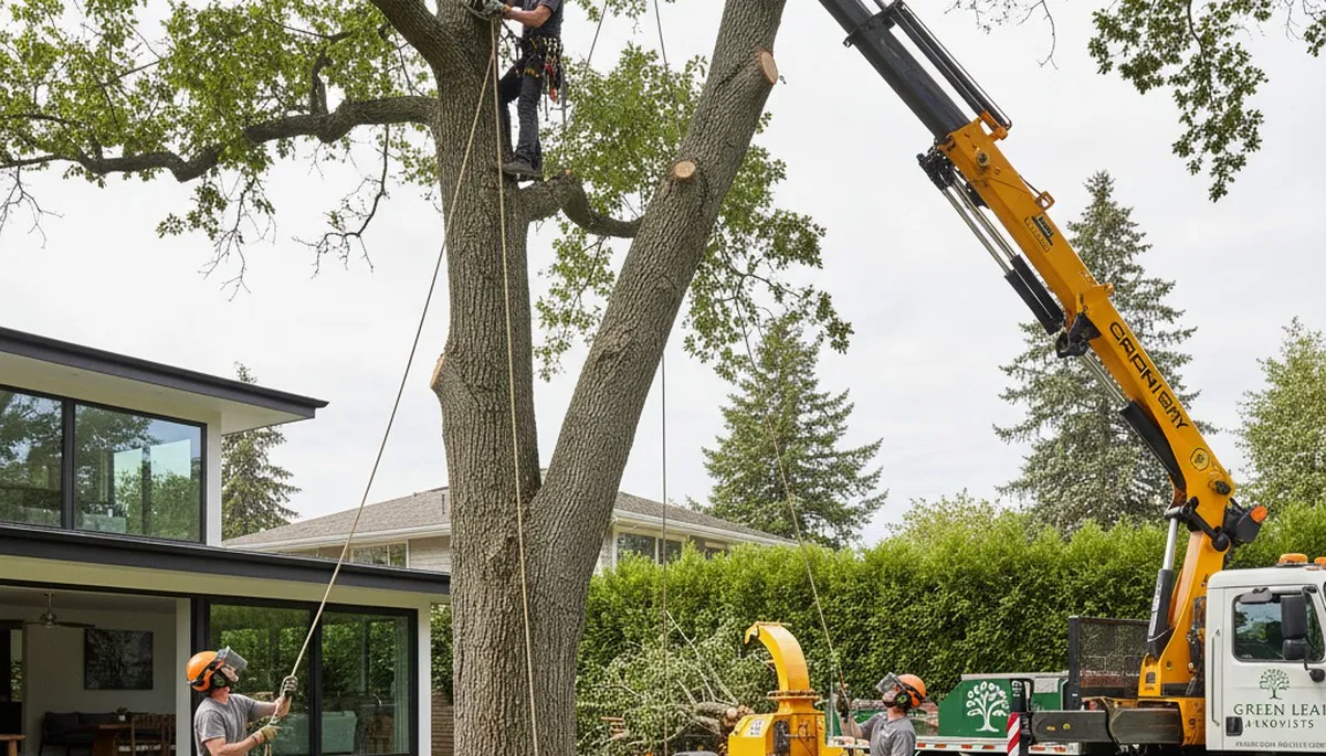 Professional tree removal service safely cutting large oak in Lancaster, PA