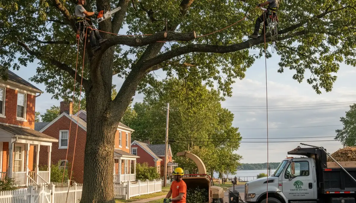 Professional tree removal service in Lancaster, PA safely cutting large oak near residential property