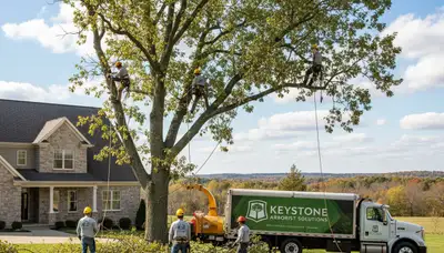 Professional tree removal service in Lancaster PA safely cutting down large oak tree