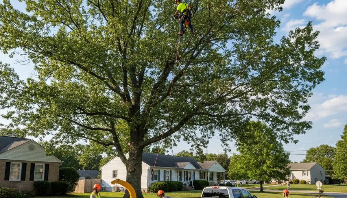 Professional tree removal service in Lancaster, PA safely cutting and clearing large oak tree