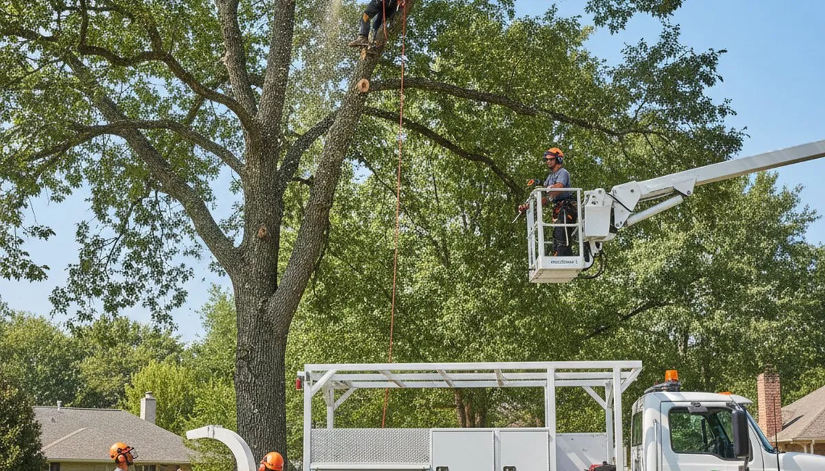 Arborist trimming oak branches in Lancaster, PA for professional tree maintenance and storm prevention