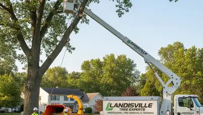 Professional tree removal crew working in Lancaster PA residential neighborhood