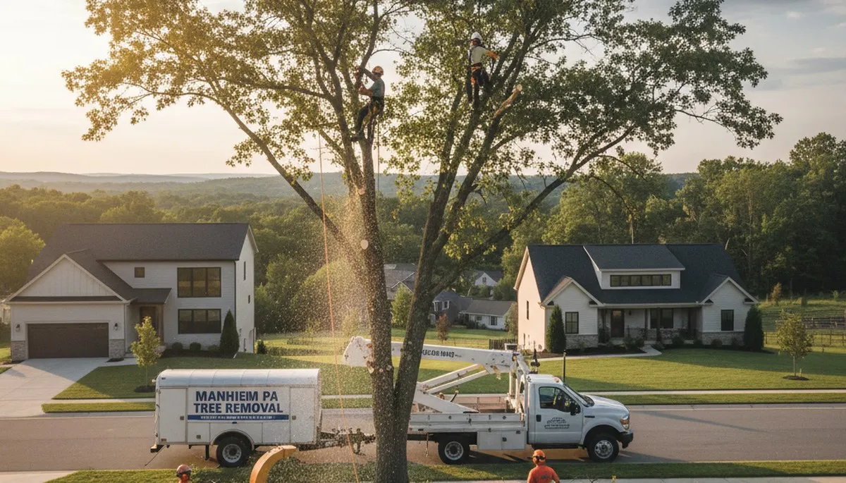 Professional tree removal service crew working safely in Lancaster, PA neighborhood