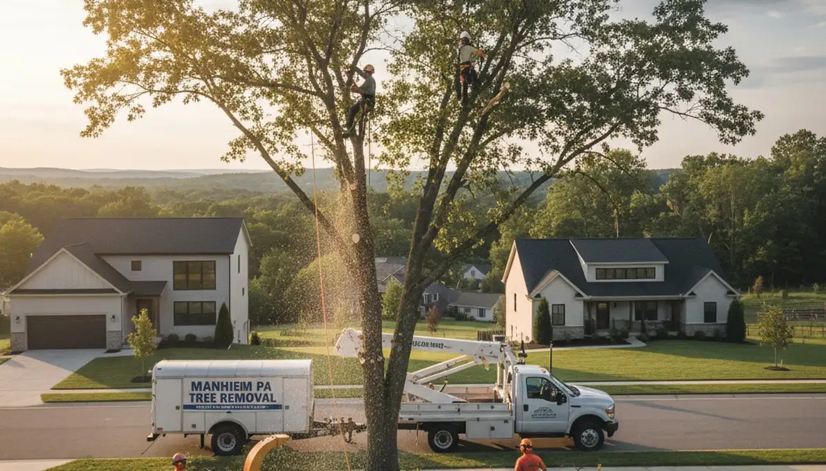 Professional tree removal service crew working safely in Lancaster, PA neighborhood