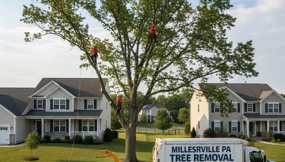 Professional tree removal service in Lancaster, PA safely cutting and clearing large oak tree