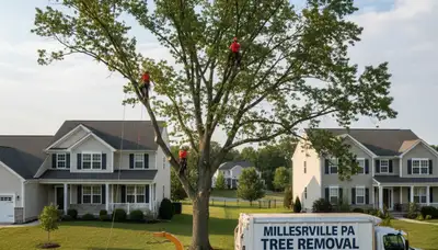 Professional tree removal service in Lancaster, PA safely cutting and clearing large oak tree