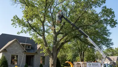 Professional tree removal service crew working safely in Lancaster PA neighborhood yard
