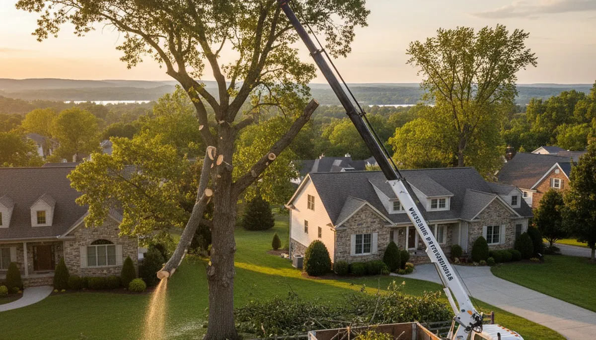 Tree removal crew cutting large oak in residential yard Lancaster PA