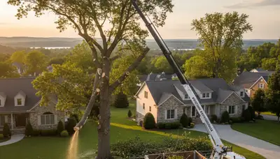 Tree removal crew cutting large oak in residential yard Lancaster PA